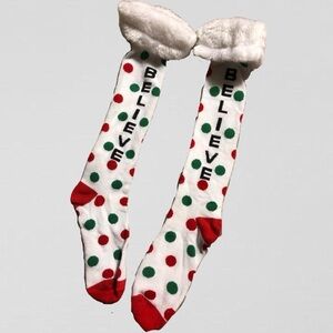 Believe Holiday White Green and Red Polka Dot Crew Socks with Faux Fur
